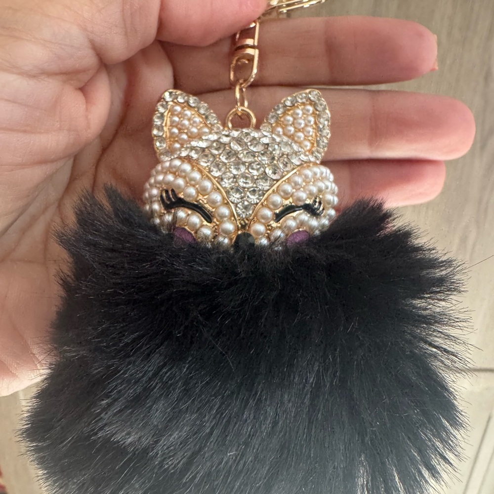Fox Keychain Bag Charm-Black Pom Pom